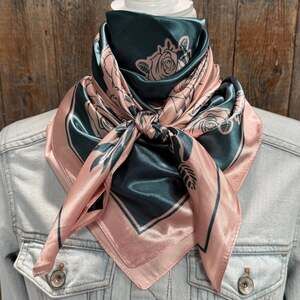 Baby Pink Roses & Teal Wild Rag Western Scarf, 35 Inch